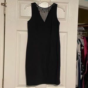 Philosophy black sheath v neck dress with sheer neckline